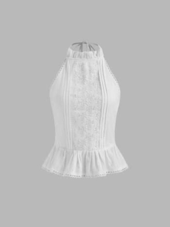 Cider Tops - Cider 100% Cotton Halter Neckline Solid Floral Embroidery Knotted Top Size M/6
